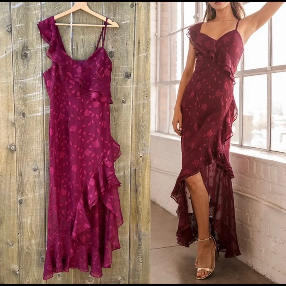 Burgundy Floral Jacquard Ruffled Chiffon Dress